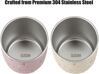 PandaEar Conjunto de 2 copos infantis em aço inoxidável com tampas e protetores de silicone, além de 2 colheres e garfos, copos de treinamento de 260 ml (8,8 oz) à prova de vazamentos com canudo, livres de BPA (rosa claro/linho)