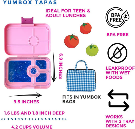 yumbox Tapas Tamaño más grande - Fiambrera Bento a prueba de fugas con 4 compartimentos para preadolescentes, adolescentes y adultos (Capri rosa)