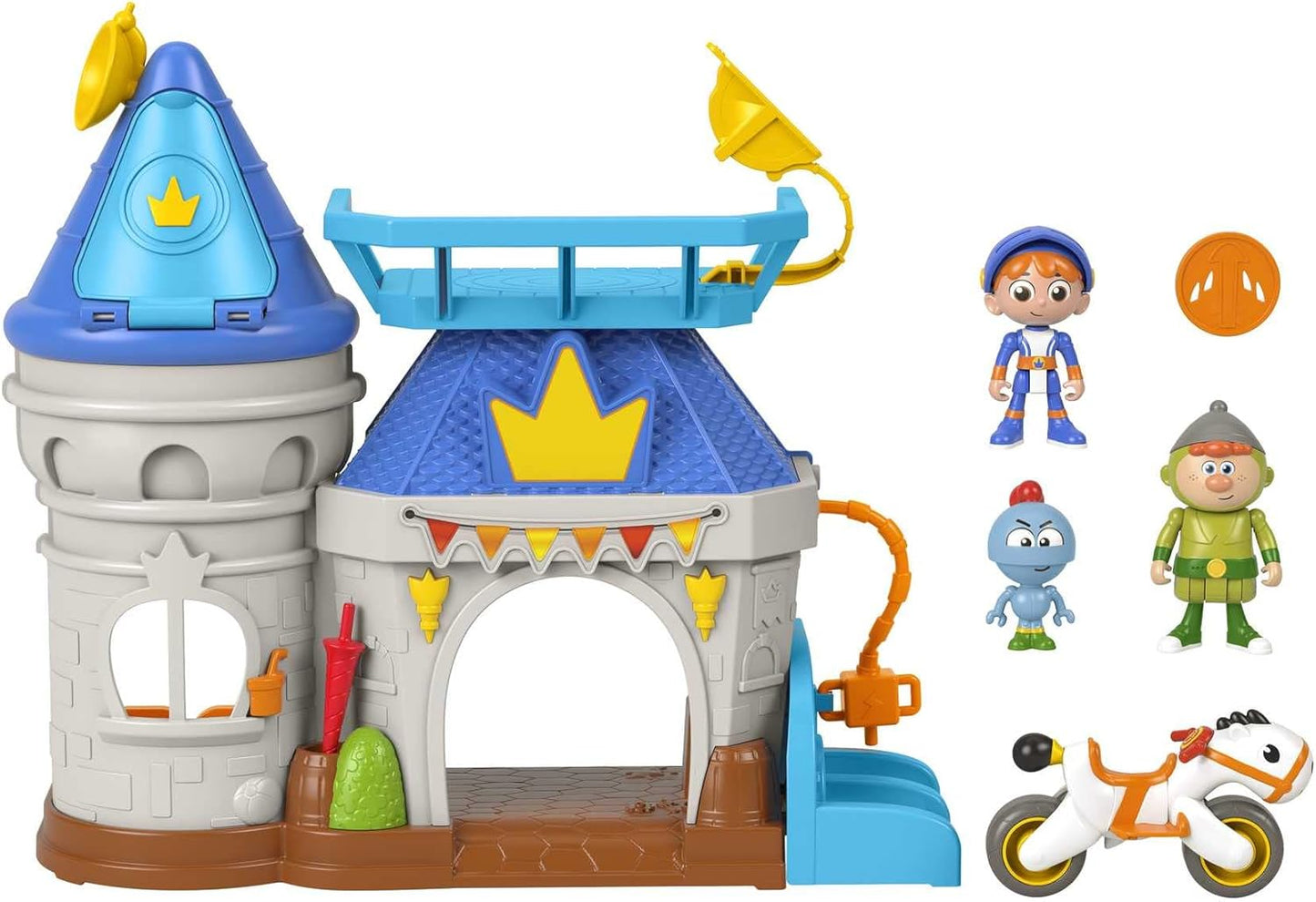 Fisher-Price Gus, o Cavaleiro Pequenino, Castelo do Reino com 3 personagens e um pônei como veículo para brincadeiras de faz de conta para crianças em idade pré-escolar a partir de 3 anos.