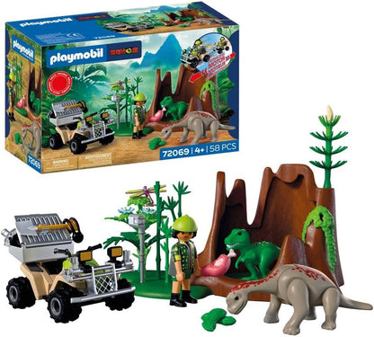 Playmobil Dinos – Esconderijo dos Dinossauros, Explorador com Quadriciclo, Filhote de T-Rex e Filhote de Braquiossauro, Brinquedo para crianças a partir de 4 anos, 72069