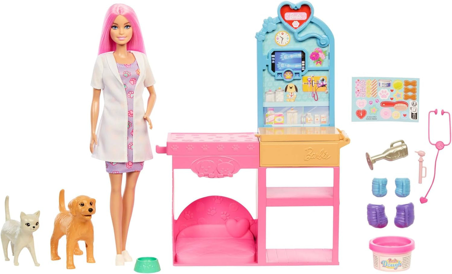 Barbie Conjunto de Clínica Veterinária Fast Cast com Boneca Fashion de Cabelo Rosa, Mobiliário Veterinário e Mais de 10 Acessórios, Incluindo Moldes e Massa para Curativos.