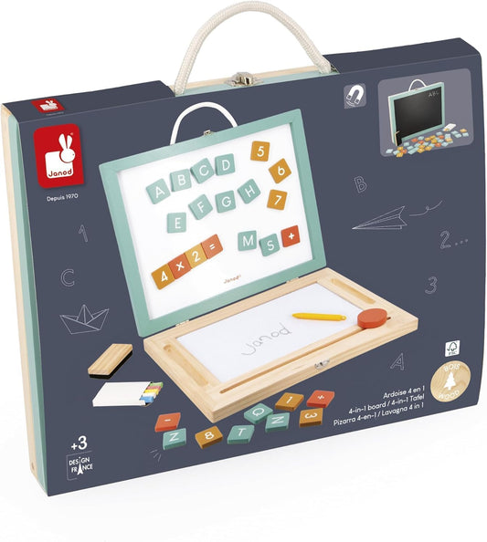 Janod - Tabuleiro de Madeira para Crianças 4 em 1 - Conjunto de 4 atividades: Quadro Mágico + Quadro Preto + Quadro Branco + Quadro Branco Magnético - 49 acessórios incluídos - A partir de 3 anos, J09626