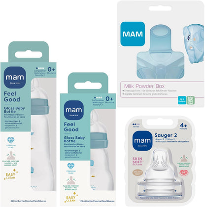 MAM Feel Good Mamadeira de vidro de 260 ml com bico tamanho 1 e 2 de 0 seg+