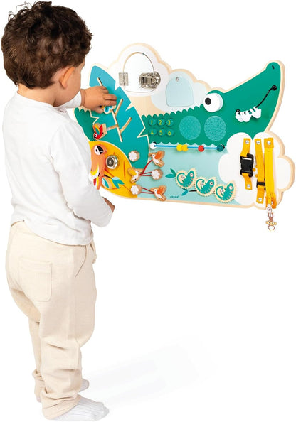 Janod - Busy Board Croco - Quadro de Atividades - Tema Animais da Selva - 14 Atividades - Brinquedo Infantil para Meninos e Meninas - Habilidades Motoras Finas - Brinquedo de Madeira FSCTM - A partir de 18 Meses - J08280