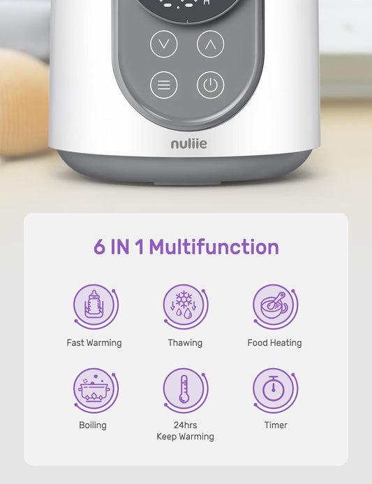 Nuliie Aquecedor de mamadeiras 6 em 1 com LCD digital, temporizador, controle inteligente de temperatura e desligamento automático, aquecedor de alimentos e descongelamento Aquecedor sem BPA para leite materno ou fórmula