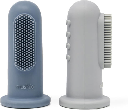 Mushie Escovas de dente de dedo Baby | Conjunto com 2 escovas de dente de silicone para bebês | Primeira escova de dente para bebês, acalma gengivas irritadas | Material: Silicone de qualidade alimentar (Stone/Tradewinds)