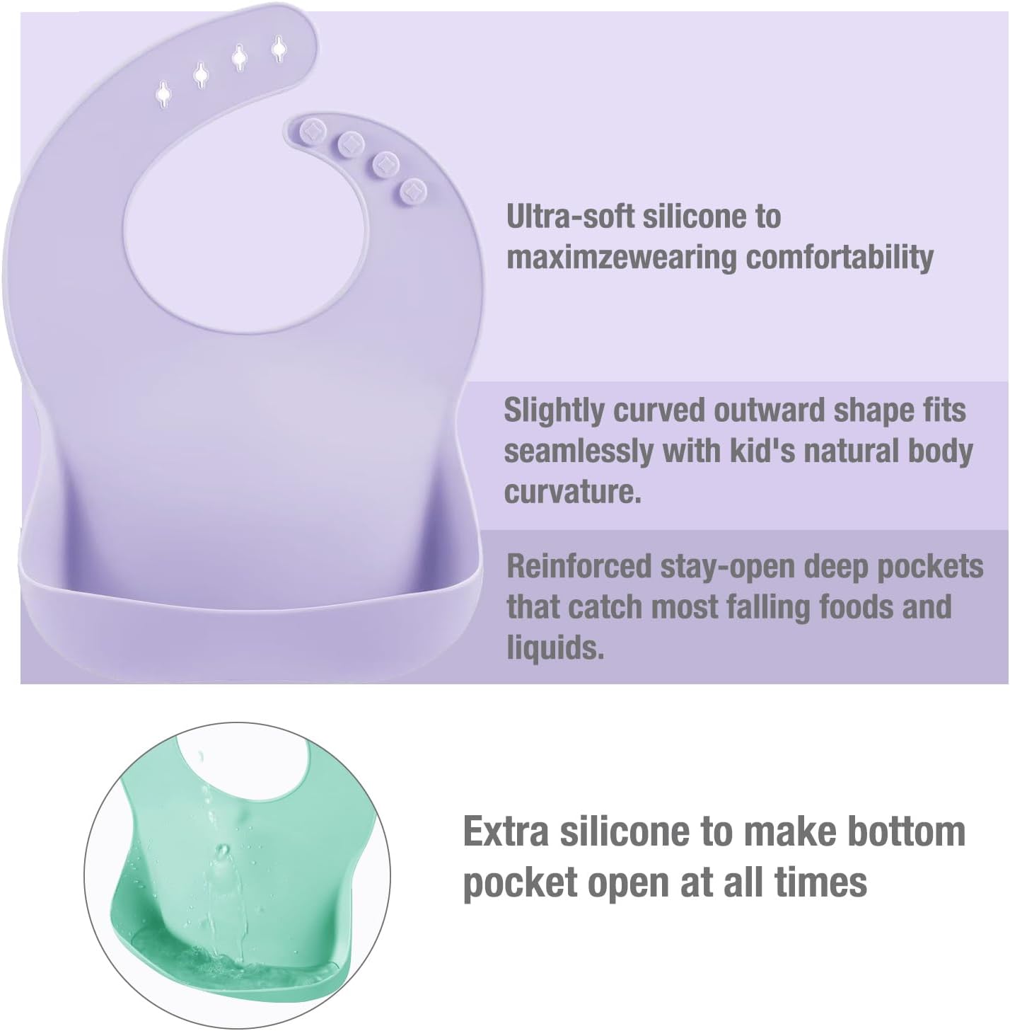 PandaEar Conjunto de 3 Babadores de Silicone Grosso para Bebês e Crianças de 10 a 72 Meses | Babadores Ajustáveis e Impermeáveis com Bolso Coletor de Alimentos, Macios, Unissex e Sem Sujeira