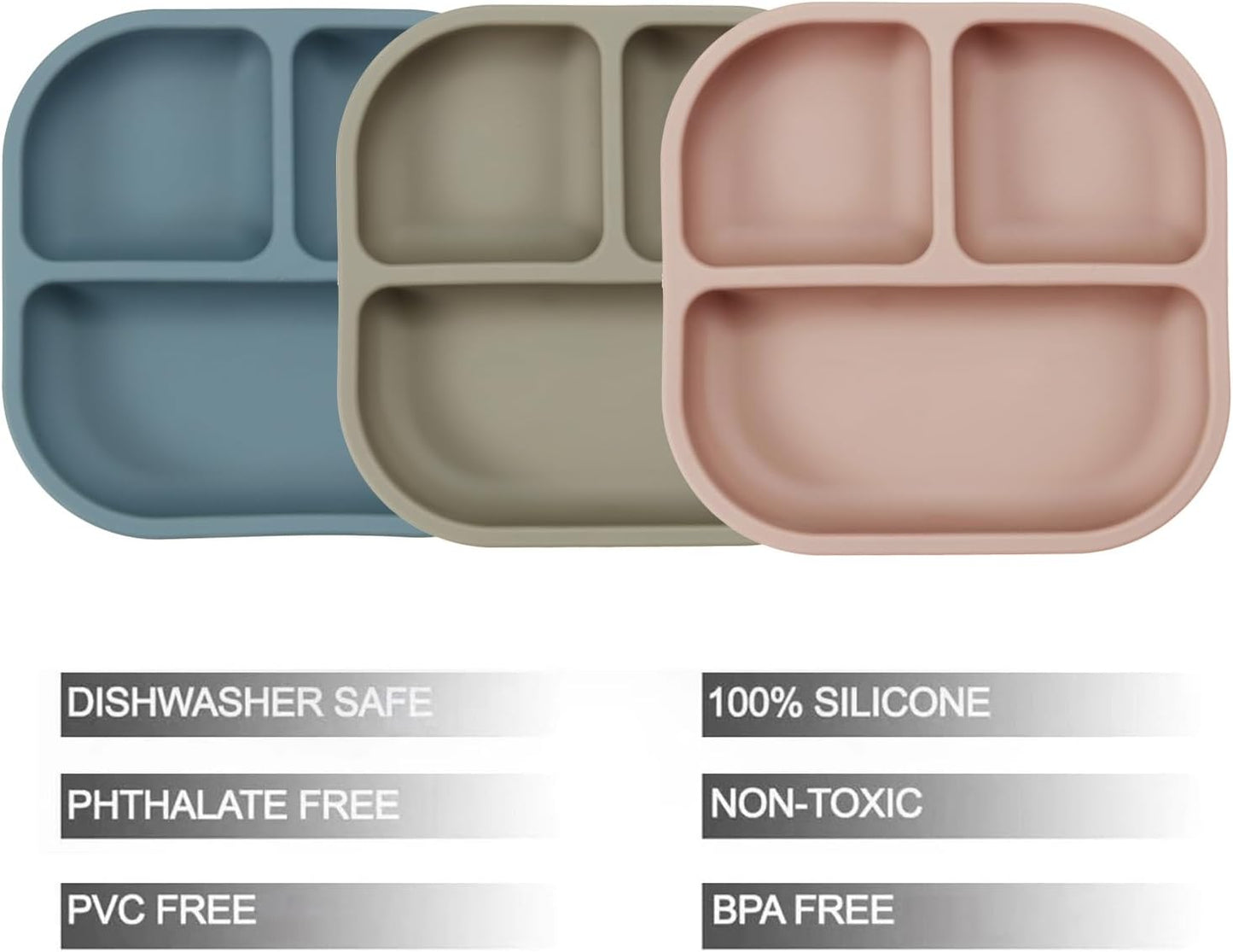 PandaEar Conjunto de 3 Pratos com Ventosa para Bebês, com Colheres, Pratos de Silicone para Crianças, Prato Dividido Inquebrável com Ventosa, Antiderrapante, Atóxico, Livre de BPA (Azul, Vermelho e Marrom)