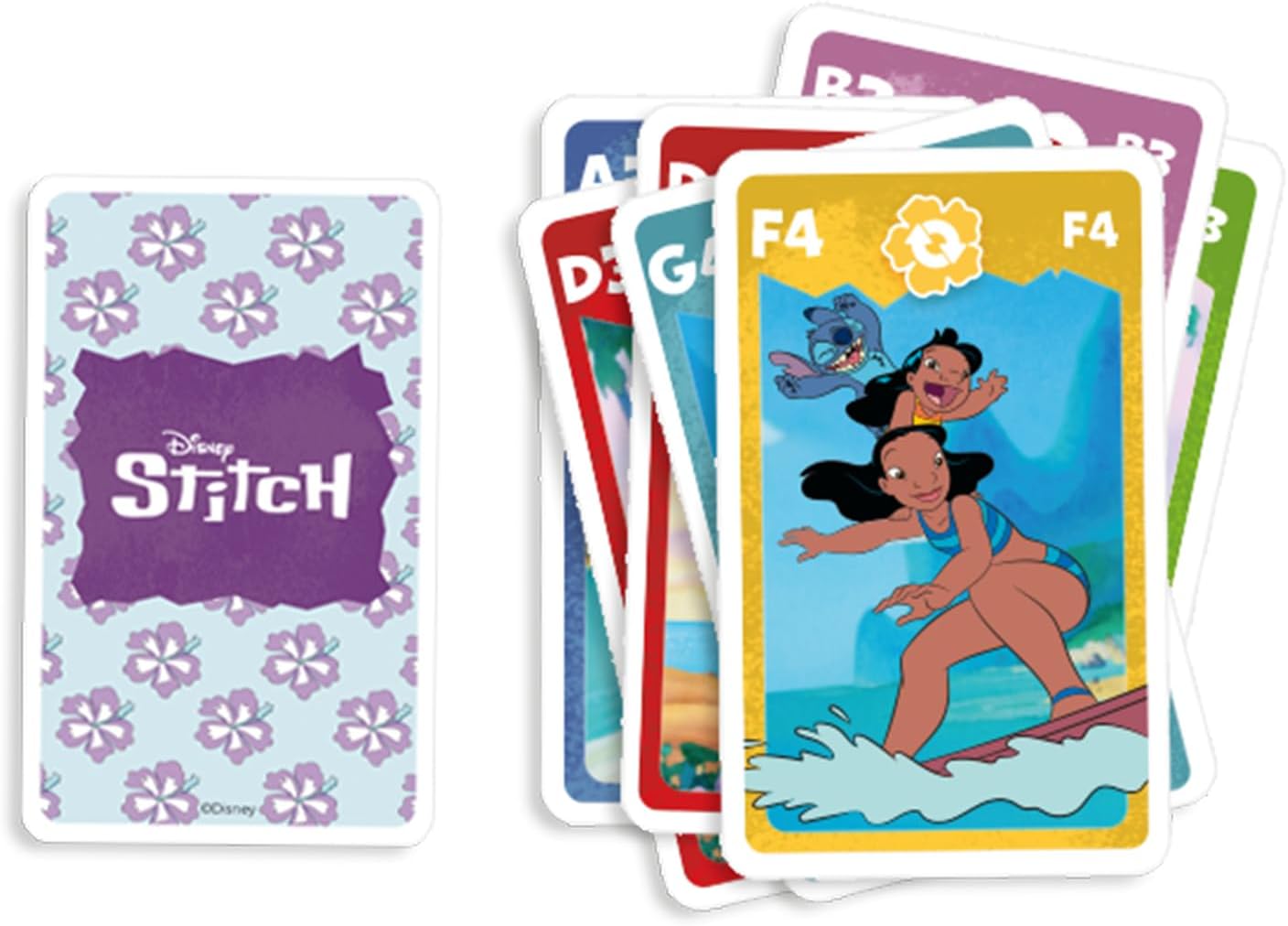 Shuffle Jogo de Cartas 4 em 1 do Stitch - 7 Famílias, Batalha, Memorando e Ação - Jogo de Cartas Disney Lilo & Stitch para Crianças, Família e Amigos - A partir de 4 anos - 2 Jogadores - Azul