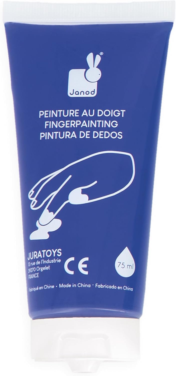 Janod - Pincéis - 4 tamanhos diferentes - Pincéis, Janod - Tintas para dedos para bebês a partir de 1 ano, Janod - Paleta de tinta à base de água - 12 almofadas e pincel, Janod - Avental de pintura infantil a partir de 18 meses