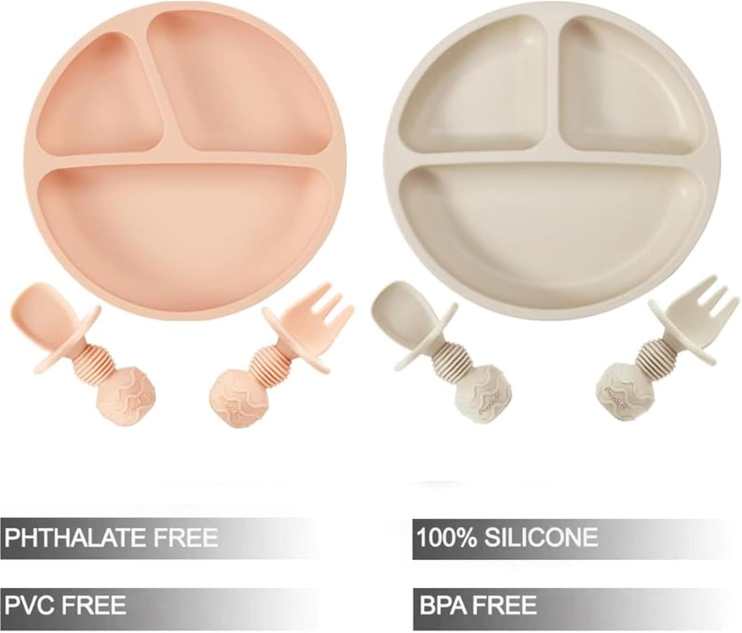 PandaEar Conjunto de 2 pratos de silicone com ventosa, 2 colheres e 2 garfos para bebês e crianças pequenas | Pratos divididos para introdução alimentar | Conjunto de jantar infantil | Conjunto de alimentação para bebês sem BPA