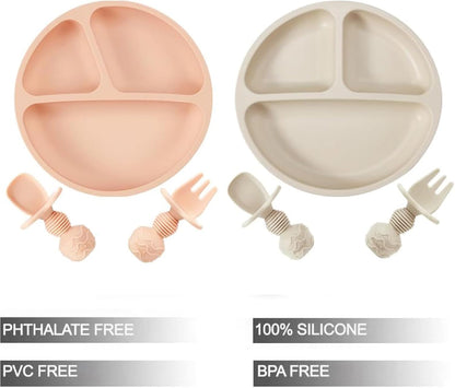 PandaEar Conjunto de 2 pratos de silicone com ventosa, 2 colheres e 2 garfos para bebês e crianças pequenas | Pratos divididos para introdução alimentar | Conjunto de jantar infantil | Conjunto de alimentação para bebês sem BPA