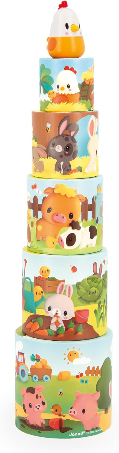 Janod - Minha Primeira Pirâmide - Animais de Fazenda - Brinquedo de Aprendizagem Precoce - 5 Cubos de Empilhamento + 1 Galinha de Madeira - Desenvolve Destreza e Imaginação - 12 Meses +,