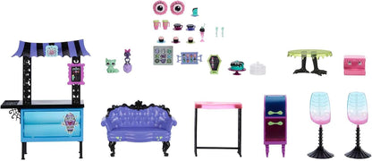 Monster High The Coffin Bean Playset, café com dois animais de estimação, móveis assustadores, doces e bebidas, balcão de barista, brinquedos infantis, conjunto de presentes, HMV78