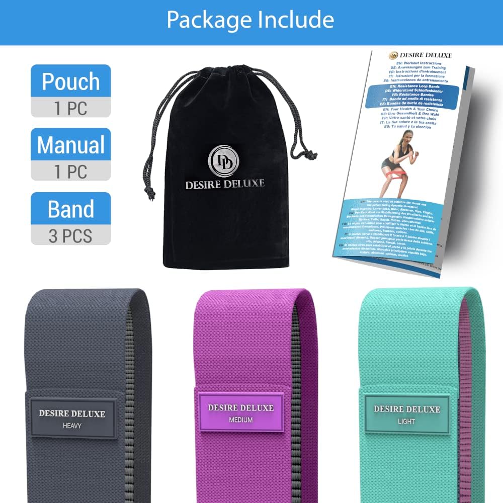 Desire Deluxe Conjunto de faixas de resistência para homens e mulheres, pacote de exercícios premium com 3 níveis de resistência diferentes, faixas de loops para casa, academia, exercícios longos - ótimo equipamento de fitness para treinamento,