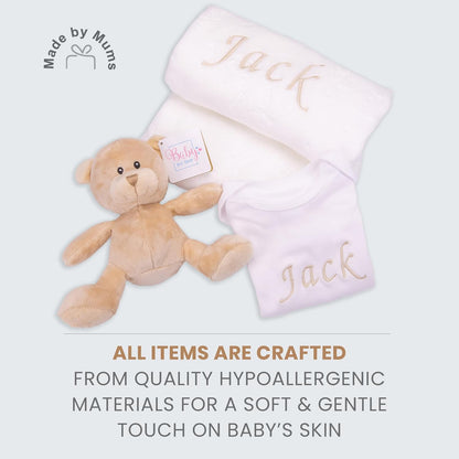 Baby Box Shop - Presentes personalizados para bebês unissex - Manta de bebê personalizada bege, azul, rosa e body de bebê personalizado com ursinho de pelúcia para bebê, ideal como presente de chá de bebê unissex e presente de batizado