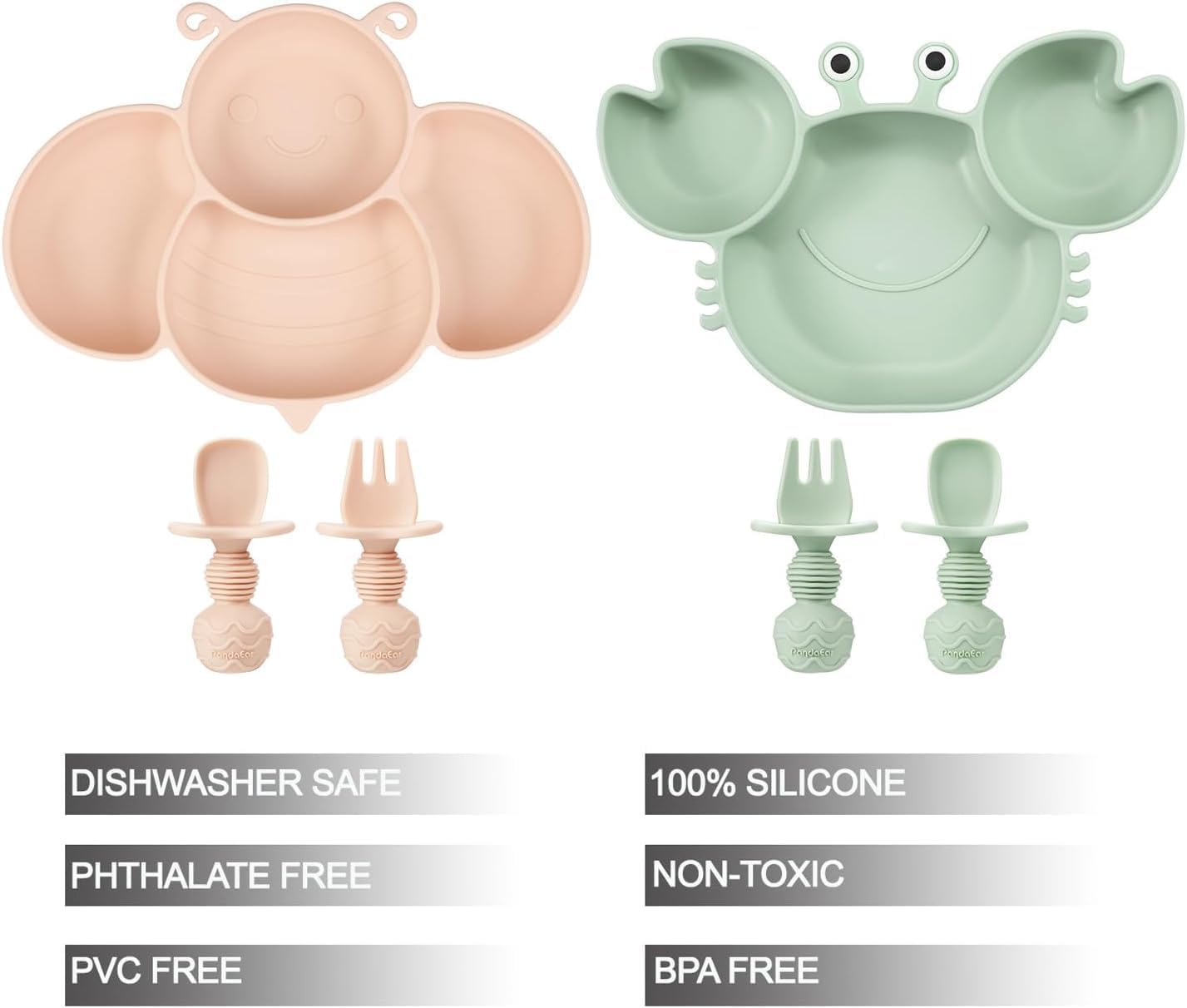 PandaEar Conjunto de 2 pratos de silicone com ventosa para bebês e crianças pequenas, com 4 colheres para alimentação independente. Pratos divididos e inquebráveis com ventosa. Conjunto de pratos e talheres para bebês. Caranguejo verde e abelha rosa.