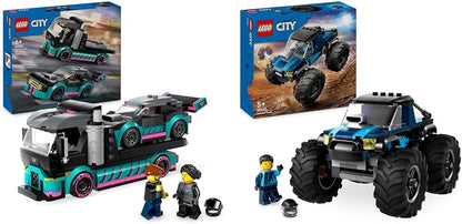 LEGO Conjunto de construção de brinquedo, veículo e transportador para carro de corrida urbano e caminhão transportador de carro para meninos e meninas de 6 anos ou mais com rampa de carregamento ajustável, minifiguras de piloto e motorista, presente