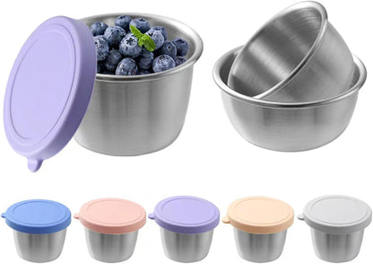 PandaEar Conjunto de 6 recipientes de aço inoxidável de 70 ml (2,4 oz) para molho de salada, com tampas à prova de vazamentos. Copos pequenos e reutilizáveis para molho de salada, lancheira, viagens e preparação de refeições.