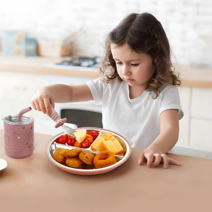 PandaEar Conjunto de alimentação infantil com 8 peças em aço inoxidável | 2 pratos divididos com ventosa, 2 copos de transição com canudo, 2 colheres e 2 garfos | Conjunto para introdução alimentar infantil livre de BPA