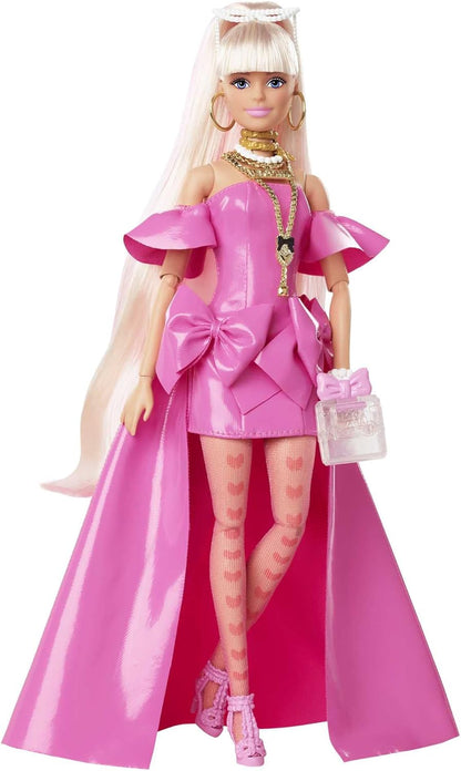 Boneca BARBIE BRAND Extra Fancy em vestido rosa brilhante alto-baixo, com cachorrinho de estimação, cabelo extra longo e acessórios, juntas flexíveis, brinquedo para crianças de 3 anos ou mais, HHN12, multicolorido