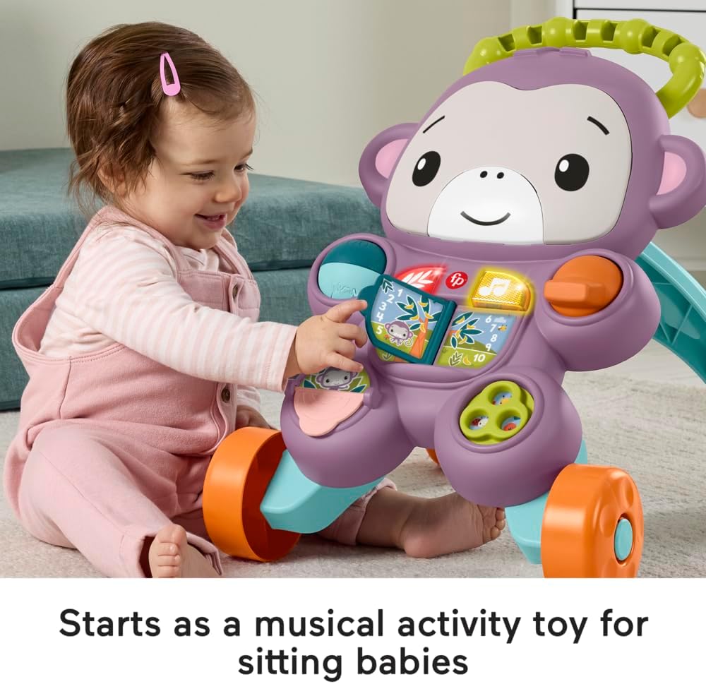 Andador Fisher-Price Baby com Macaco Roxo "Aprenda Comigo", Música, Luzes e Atividades para Bebês e Crianças a partir de 6 Meses, JGW90