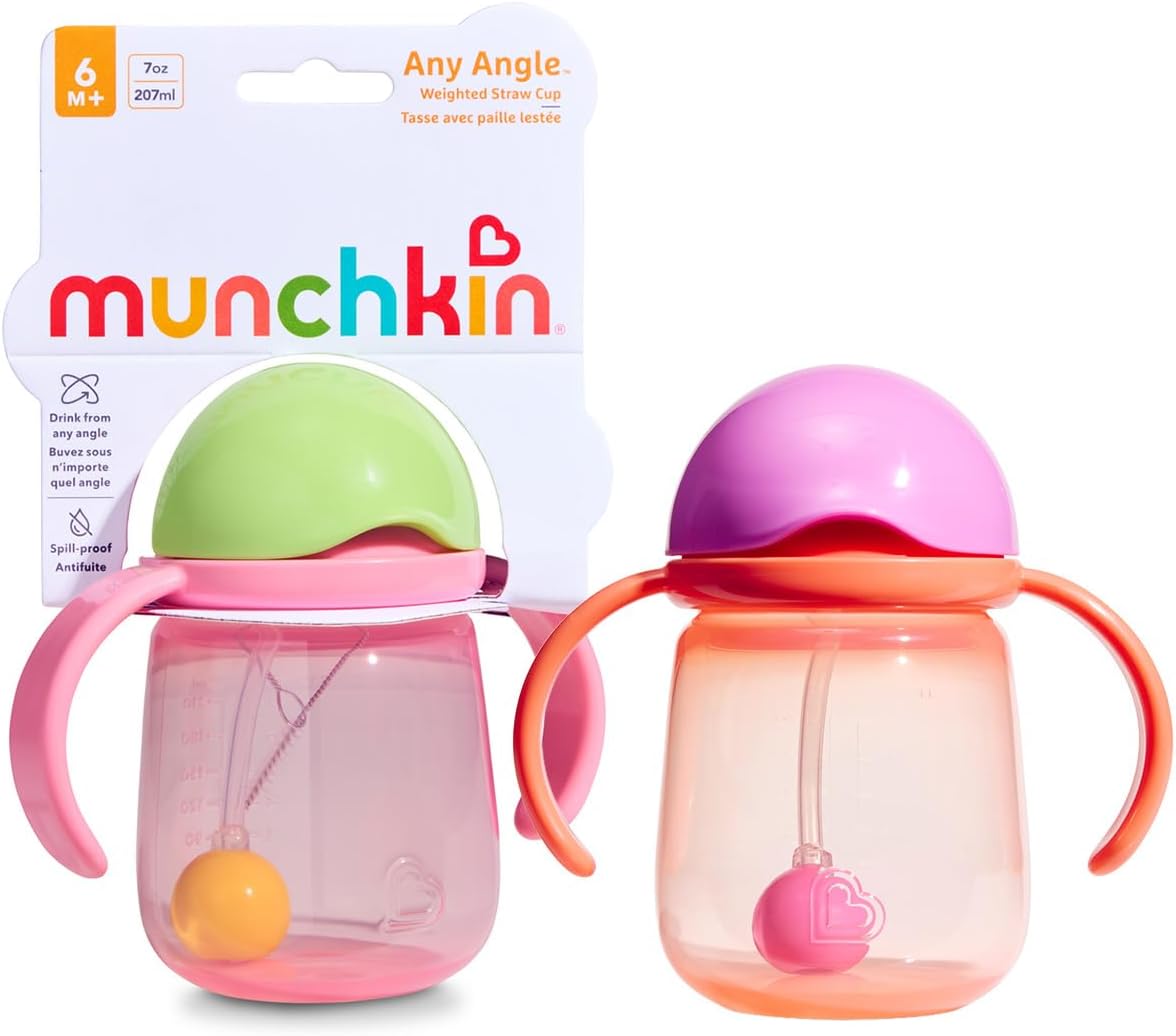 Munchkin Copo com Canudo Flexível Tip & Sip | Kit com 2 | 6m+ | Canudo com Peso | 207ml Rosa/Coral
