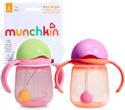 Munchkin Copo com Canudo Flexível Tip & Sip | Kit com 2 | 6m+ | Canudo com Peso | 207ml Rosa/Coral