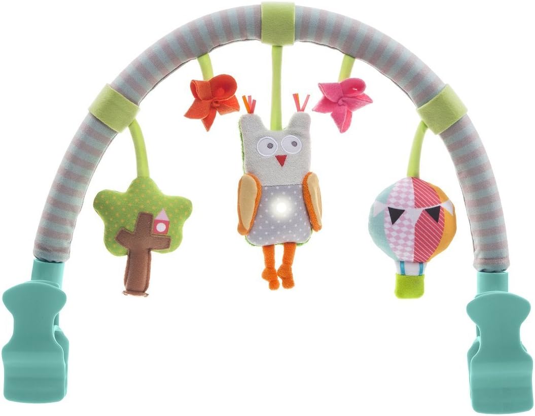 Taf Toys Arco Musical da Coruja. Arco para carrinho de atividades com 3 brinquedos pendurados. Serve para carrinhos e assentos de carro. Adequado para bebês, bebês e crianças pequenas. 0 meses +