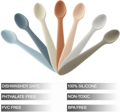 PandaEar Conjunto de 7 colheres de silicone para alimentação de bebês, colheres de treinamento para a primeira fase da introdução alimentar, utensílios infantis, suprimentos para alimentação,