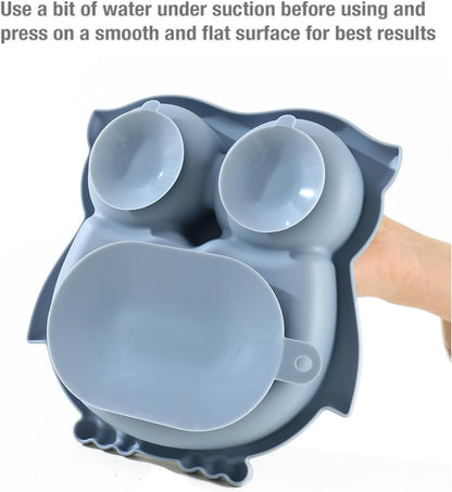 PandaEar Prato de silicone com ventosa, prato dividido para introdução alimentar, prato com ventosa inquebrável para bebês e crianças pequenas, antiderrapante, atóxico, livre de BPA, coruja