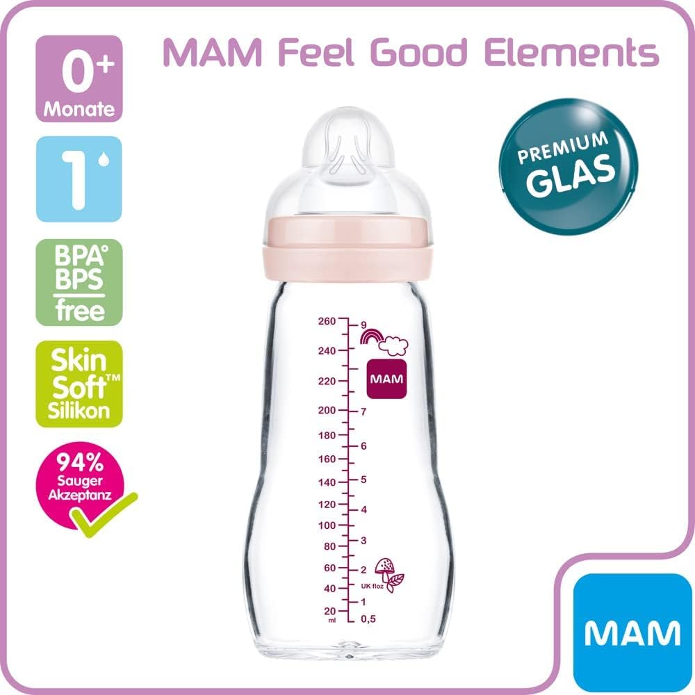MAM Mamadeira de Vidro Premium 2x 260ml Rosa (desenhos podem variar)