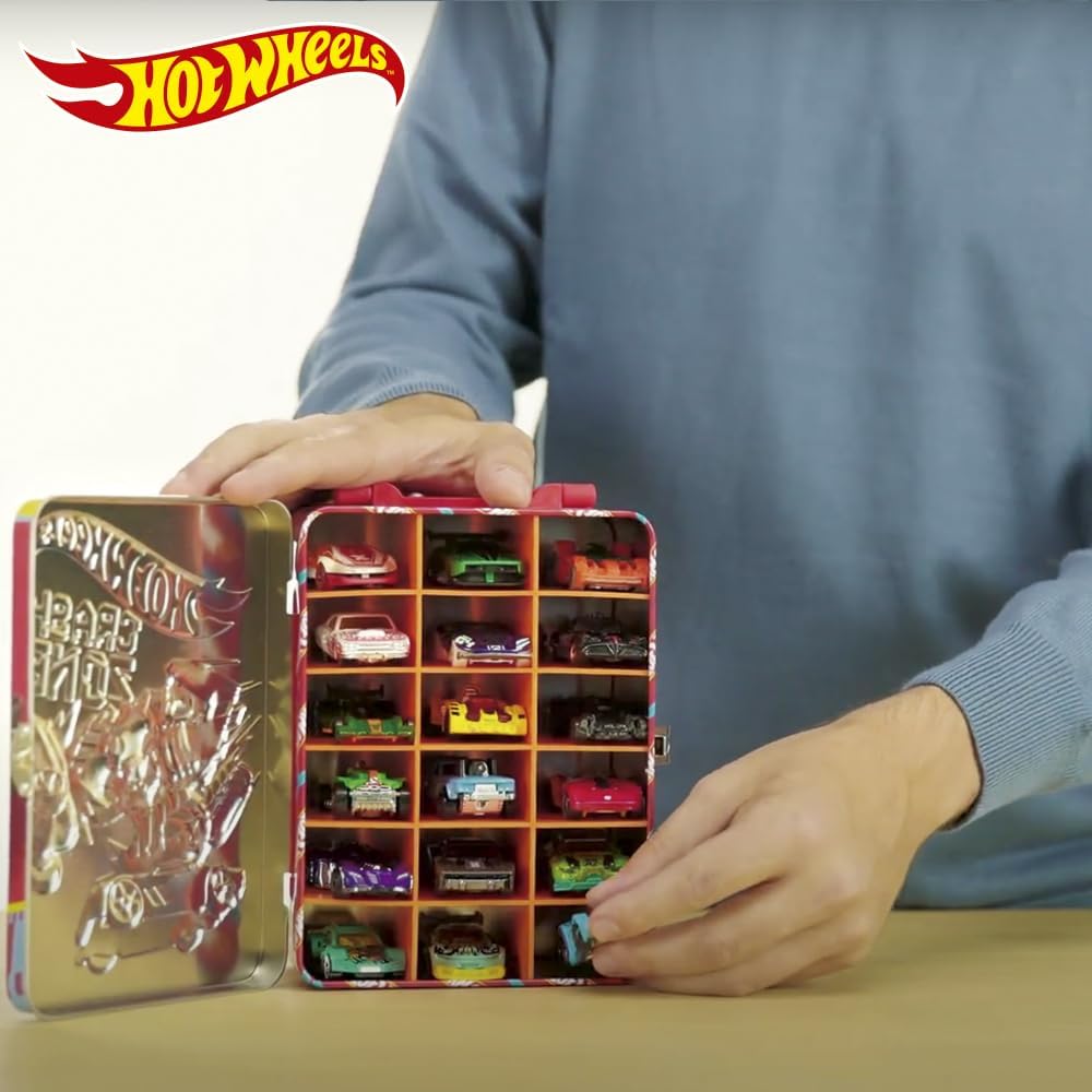 Hot Wheels Estojo de metal para carrinhos em escala 1:64 | Organizador e porta-brinquedos para 18 brinquedos | Presente ideal para colecionadores e crianças a partir de 3 anos | Tampa com design 3D de corrida HW | Carrinhos não inclusos