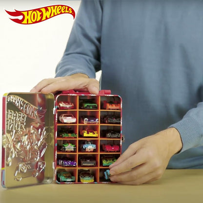 Hot Wheels Estojo de metal para carrinhos em escala 1:64 | Organizador e porta-brinquedos para 18 brinquedos | Presente ideal para colecionadores e crianças a partir de 3 anos | Tampa com design 3D de corrida HW | Carrinhos não inclusos