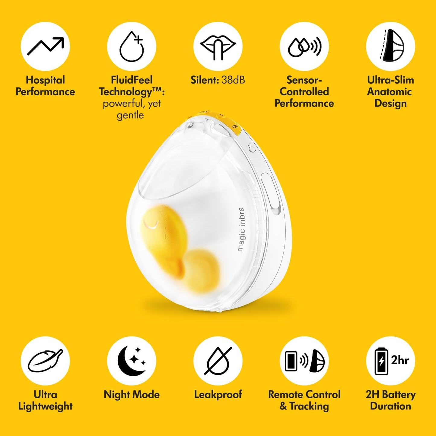 Bomba tira-leite dupla vestível Medela Magic InBra com tecnologia Fluidfeel, conectividade com aplicativo inteligente e controle avançado por sensores. Ultraleve, silenciosa e de nível hospitalar.