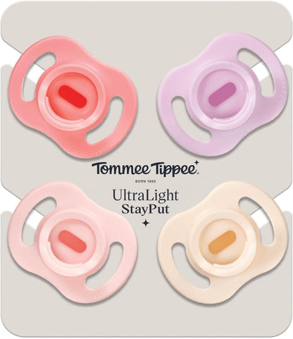 Tommee Tippee Chupeta Ultra-Light StayPut, 0-6 meses, pacote com 4 unidades, chupeta de silicone de peça única