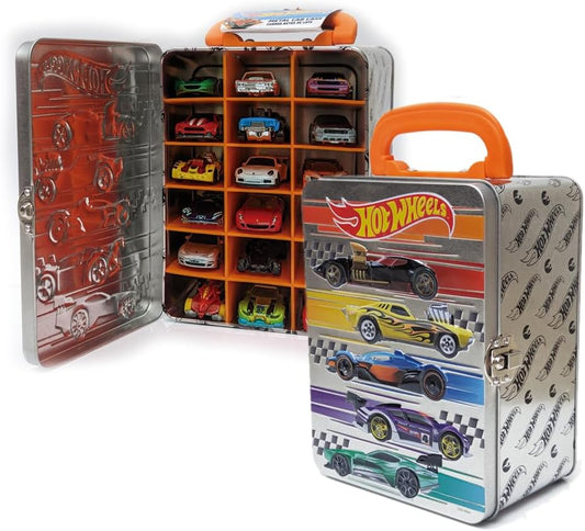 Hot Wheels Estojo de metal para carrinhos na escala 1:64 | Organizador e porta-carrinhos para 18 unidades | Presente ideal para colecionadores e crianças a partir de 3 anos | Tampa com design 3D | (Carrinhos não inclusos)