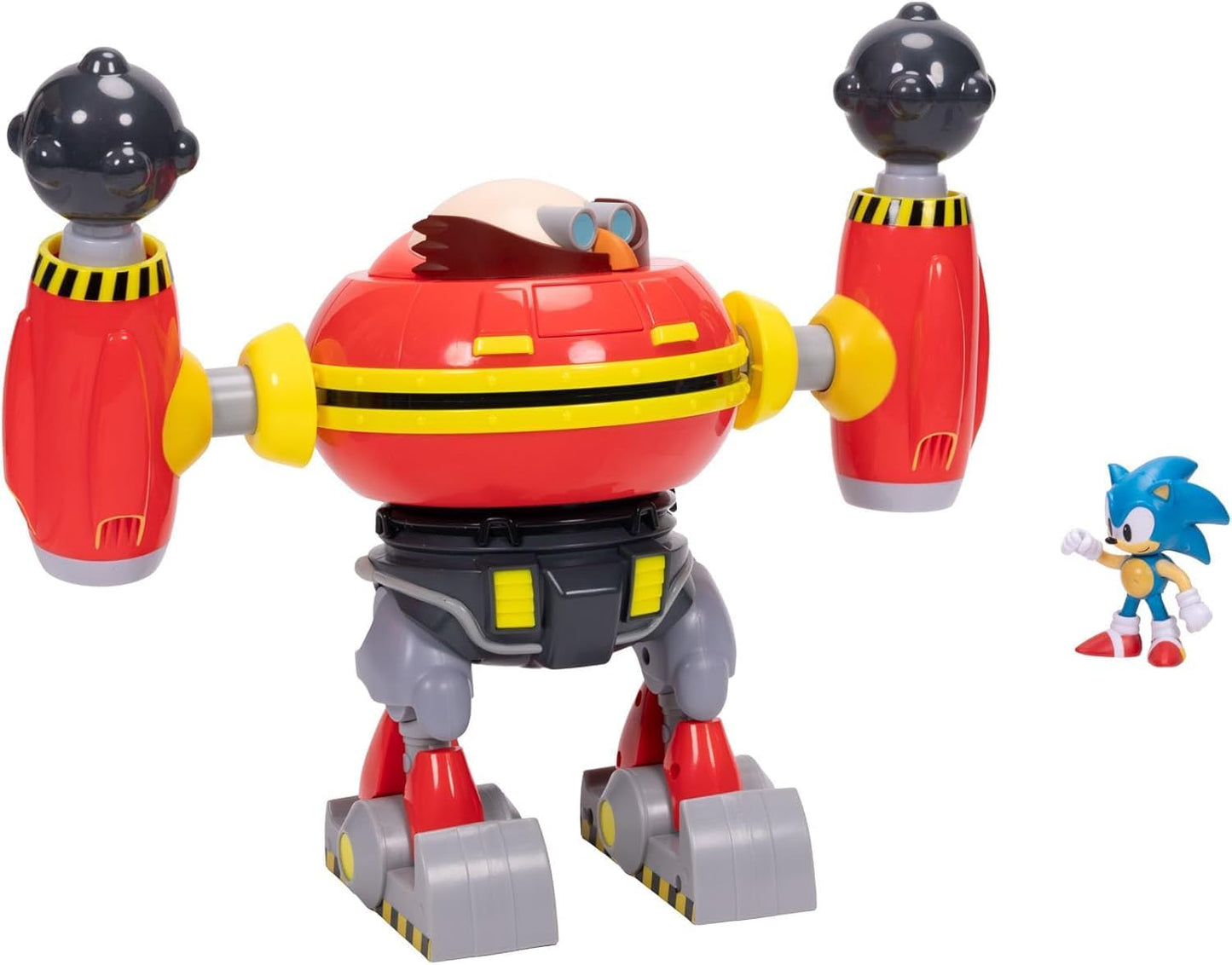 Conjunto de batalha do robô gigante Eggman do Sonic The Hedgehog, oficialmente licenciado pela Jakks Pacific, com 22,9 cm de altura, inclui o robô Eggman com canhão e uma figura do Sonic. Ideal para meninos.