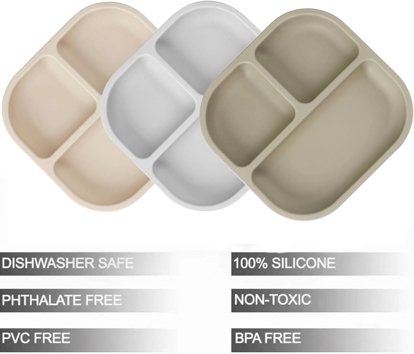 PandaEar Conjunto de 3 Pratos com Ventosa para Bebês, com Colheres, Pratos de Silicone para Crianças, Prato Dividido Inquebrável com Ventosa, Antiderrapante, Atóxico e Livre de BPA (Marrom Acinzentado Cremoso)