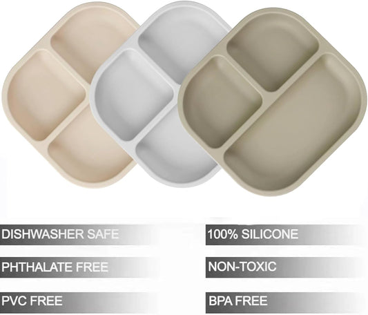 PandaEar Conjunto de 3 Pratos com Ventosa para Bebês, com Colheres, Pratos de Silicone para Crianças, Prato Dividido Inquebrável com Ventosa, Antiderrapante, Atóxico e Livre de BPA (Marrom Acinzentado Cremoso)