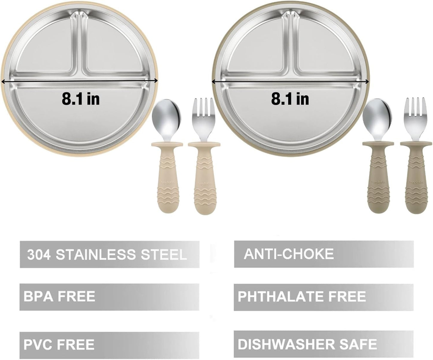 PandaEar Conjunto de 2 pratos com ventosa e 2 colheres e garfos em aço inoxidável para alimentação infantil, utensílios para bebês e crianças pequenas, pratos divididos para introdução alimentar BLW (Baby Led Weaning), livre de BPA.