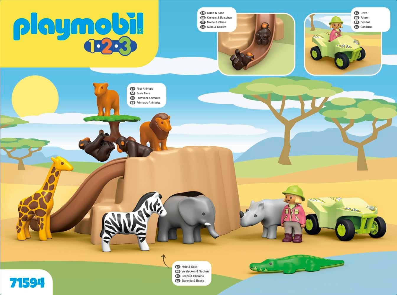 Playmobil 71594 1.2.3: Aventura na vida selvagem, com vários animais, quadriciclo e escorregador, brinquedo educativo para crianças pequenas descobrirem funções básicas, conjunto adequado para crianças a partir de 12 meses
