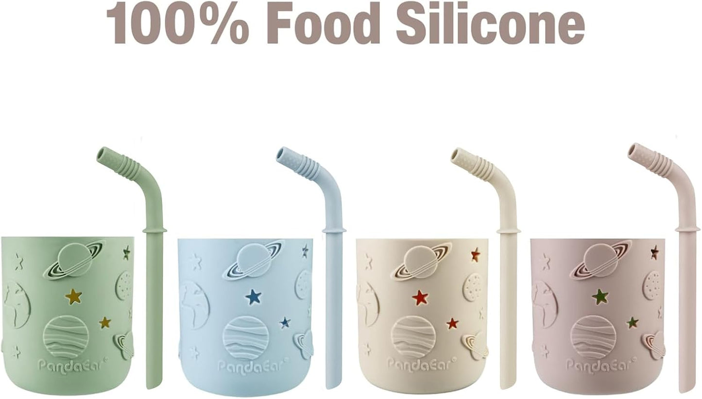 PandaEar Conjunto de 4 copos de vidro para crianças e bebês, copos de vidro estilo Mason Jar de 250ml com capas de silicone e canudos, copos anti-vazamento para smoothies infantis.