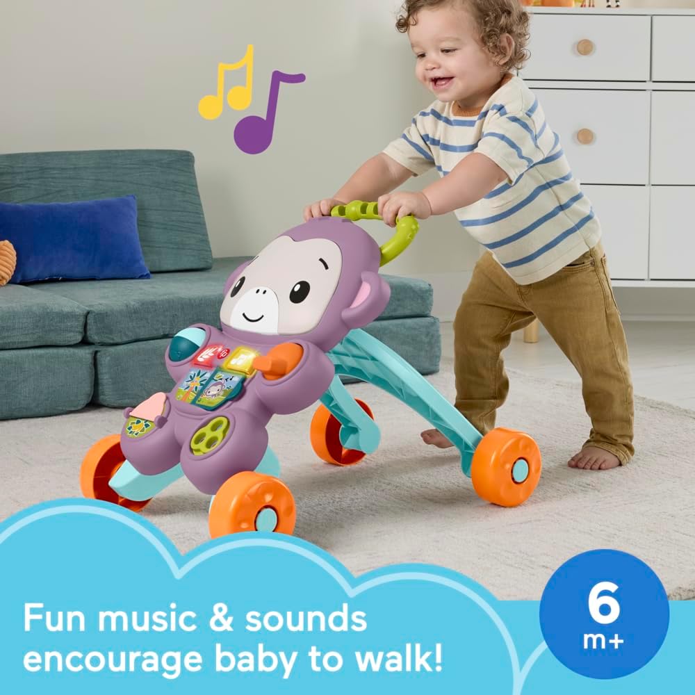 Andador Fisher-Price Baby com Macaco Roxo "Aprenda Comigo", Música, Luzes e Atividades para Bebês e Crianças a partir de 6 Meses, JGW90