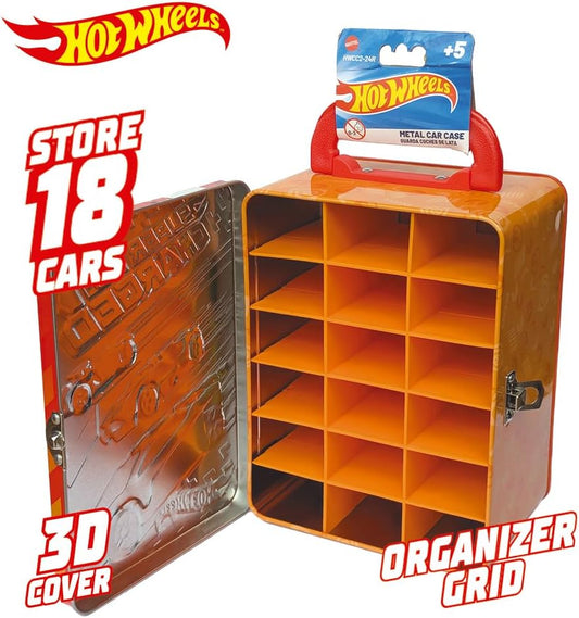 Hot Wheels Estojo de metal para carrinhos em escala 1:64 | Organizador e porta-brinquedos para 18 brinquedos | Presente ideal para colecionadores e crianças a partir de 3 anos | Tampa com design 3D de corrida HW | Carrinhos não inclusos