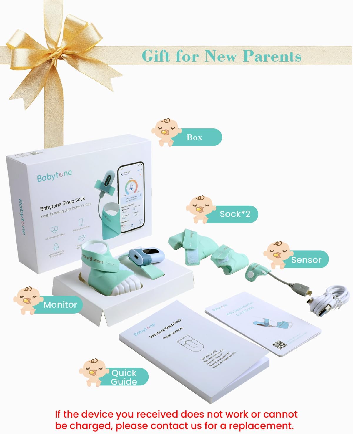 Babytone Oxímetro de pulso infantil, meia inteligente para bebês que monitora o nível de oxigênio, frequência cardíaca e movimentos