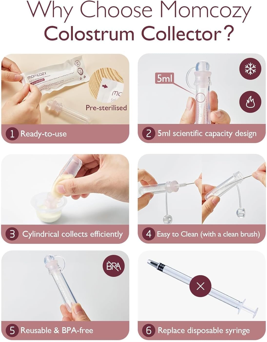 Momcozy Coletor de colostro Coletor de leite materno reutilizável, recipiente portátil de colostro pode alimentar o bebê, coletor multiuso sem BPA, 5ml-2 unidades