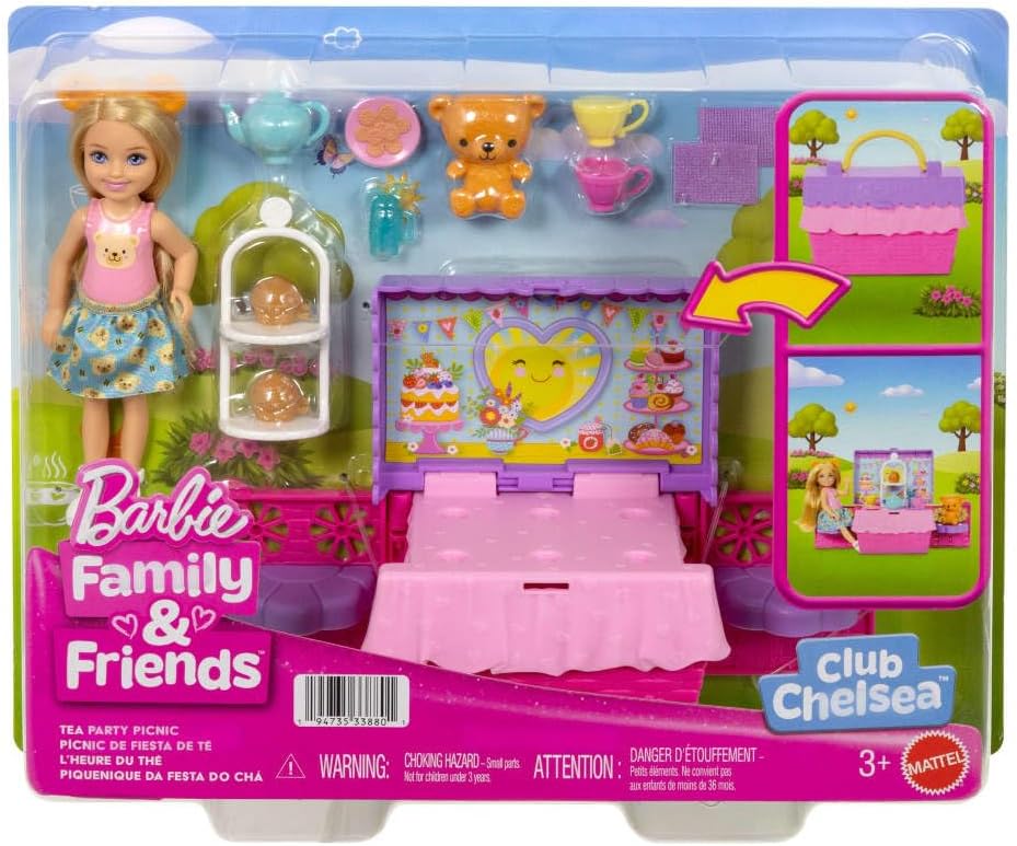 Barbie Family & Friends Club Chelsea Conjunto Festa do Chá Pop-Up com Boneca Pequena Loira, Cesta de Piquenique Transformável e Mais de 10 Acessórios, JJB40