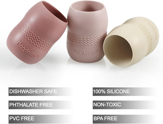 PandaEar Conjunto de 3 Copos de Silicone para Bebês de 6 a 12 Meses | Copos Pequenos e Abertos para Crianças | Copo de Treinamento de Silicone Resistente e Inquebrável para Introdução Alimentar e Introdução