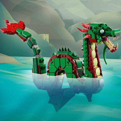 LEGO Brinquedo de dragão medieval Creator 3 em 1 - transforma-se em uma serpente marinha ou em uma figura de animal Fênix - Conjunto de construção de criaturas míticas para crianças, meninos e meninas a partir de 9 anos